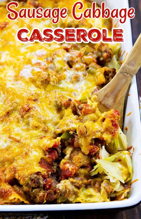 Sausage Cabbage Casserole - Skinny Southern Recipes Ground Italian Sausage And Cabbage Recipes, Italian Sausage Cabbage Recipes, Chicken Cabbage Casserole Recipes, Cabbage Polish Sausage Recipes, Cabbage Ground Sausage Recipes, Meals Using Cabbage, Baked Cabbage And Sausage, Braised Cabbage And Sausage, Ground Polish Sausage Recipes