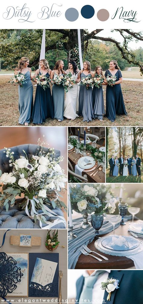 elegant and chic rustic fall wedding color inspiration in dusty blue and classic blue Dusty Blue Wedding Decorations Rustic, Navy And Steel Blue Wedding, Fall Wedding Navy Blue Color Combos, Wedding Colors With Gray, Blue Tone Wedding Color Schemes, Dusty Blue November Wedding, Dark Blue Summer Wedding, Smokey Blue Wedding Theme, Wedding Colors For January