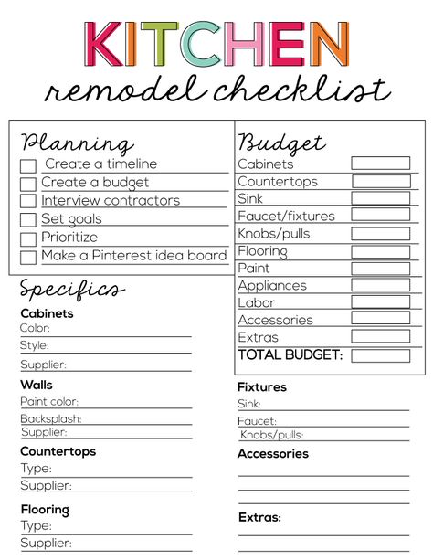 Printable Kitchen Remodel Checklist from www.thirtyhandmadedays.com Remodel Checklist, Kitchen Remodel Checklist, Diy Kitchen Remodel, New Kitchen Cabinets, Checklist Template, Kitchen Decorating, Kitchen Remodeling Projects, Kitchen Redo, Kitchen Remodel Small