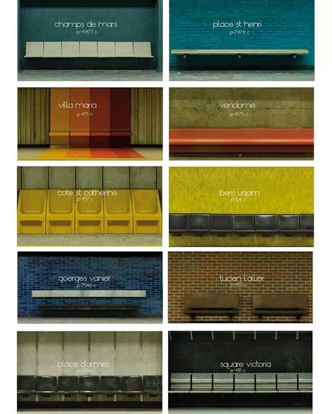 Montreal metro benches Montreal Metro, Metro Subway, Train System, Art City, Stage Set, Tap Room, Street Look, Metro Station, Art Color