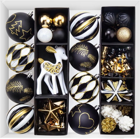 Christmas Ball Ornaments Set, 59 ct Black Gold Xmas Assorted Ornament, Deer Theme Shatterproof Decorative Hanging Ball Ornament for Party Wedding Christmas Tree Decoration Black And Gold Christmas Tree Ornaments, Black And Gold Christmas Tree, Black White And Gold Christmas, Christmas Tree Decorating Tips, Deer Theme, Black Gold Christmas, Gold Christmas Tree Decorations, Black White Christmas, Metallic Christmas