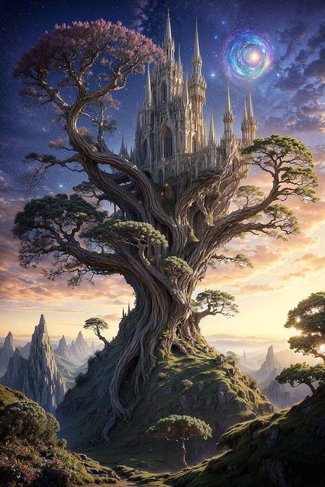 Discover the enchanting beauty of this elven castle intertwined with a massive, ancient tree. This AI-crafted artwork captures the essence of fantasy, making it a stunning addition to any collection. Ideal for those who love fantasy characters and mythical worlds. #FantasyCharacters #Elves #AIArt #FantasyLandscapes #DigitalArt #Enchantment Tree Castle Fantasy Art, Earth Castle Fantasy Art, Nature Kingdom Fantasy Art, Fantasy World Castle, Fantasy Tree City, Elven Fortress, Ancient City Concept Art, Tree Fantasy Art, Earth Castle