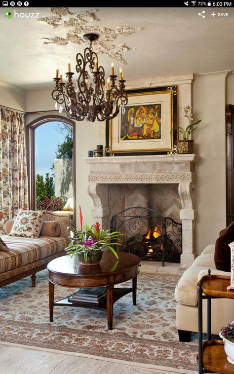 Tuscan Style Living Room, Tuscan Living Rooms, Mediterranean Living Room, Antique Mantel, Mediterranean Living, Tuscan Design, Mirror Wall Living Room, Old Fireplace, Tuscan Decorating