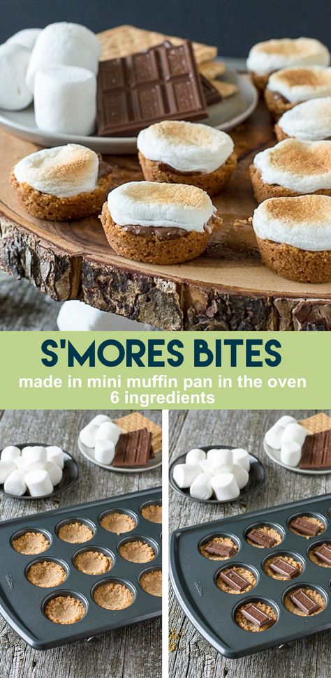 S'mores Bites - a twist on the classic dessert, make these little S'mores Bites in the oven! #smores #smoresbites #indoorsmores #muffinpansmores Oven Smores, Smores Bites, Smores Dessert, Potluck Desserts, Healthy Sweet Snacks, Köstliche Desserts, Classic Desserts, S Mores, Mini Desserts