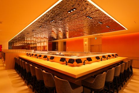 Sushi Belt, Uni Sea Urchin, Conveyor Belt Sushi, Chocolate Crackles, Wood Grill, Orange Color Schemes, Tokyo Restaurant, Chef Work, Counter Seating