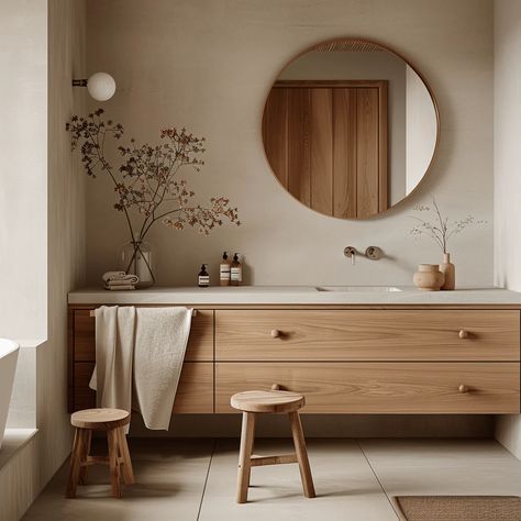 Scandinavian Rustic Bathroom, Scandi Small Bathroom, Natural Wood Bathroom Vanity Ideas, Scandinavian Powder Room Ideas, Danish Bathroom Design, Scandi Bathroom Scandinavian Style, Scandanavian Interiors Bathrooms, Scandinavian Washroom, Norwegian Bathroom