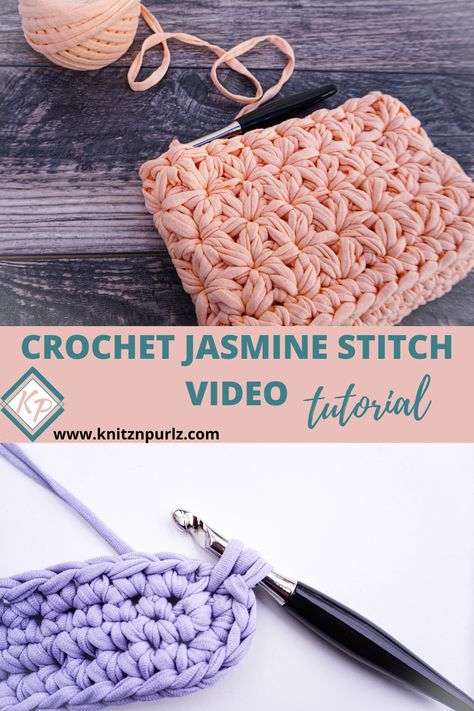 Jasmine stitch is definitely one of the most beautiful stitches in crochet world. But how many times did you put off a project with jasmine stitch thinking you won’t be able to do it? Let’s be honest it looks very complicated! I hope with this photo and video tutorial you’ll be able to accomplish it and make so many great crochet items with jasmine stitch #crochetstitchtutorial #crochetstitchforbeginners #crochetvideotutorial Jasmine Stitch Crochet Pattern, Jasmine Stitch In Round, Crochet Jasmine Stitch In The Round, Jasmine Stitch Crochet Bag, Crochet Stitches For Bags, Jasmine Stitch Crochet, Crochet Flower Coaster, Puff Stitch Crochet, Gloves Crochet