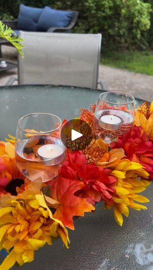 Diy Glass Centerpieces Dollar Stores, Pool Noodle Thanksgiving Centerpiece, Pool Noodle Fall Centerpiece, Wine Glass Floating Candle, Pool Noodle Floral Arrangement, Pool Noodle Centerpiece Ideas, Easy Fall Centerpieces For Table, Pool Noodle Centerpiece, Pool Noodle Flower Arrangement