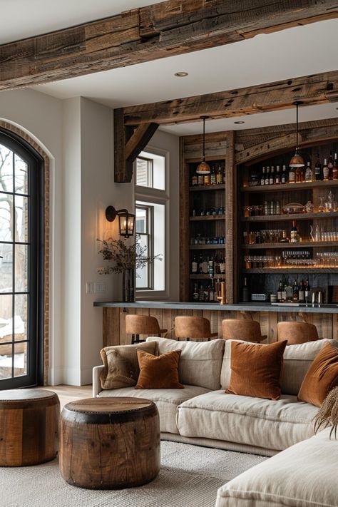 35 Barndominium Interior Ideas For Crafting Your Perfect Barn Home Modern Ranch Style Decor, Glam Ranch House Decor, Modern Farm Interior, Cozy Lodge Living Room, Rustic Cabin Interior Design, Dark Beams Living Room, French Chalet Interiors, Home Bar Room Ideas, Restoration Hardware Interior Design