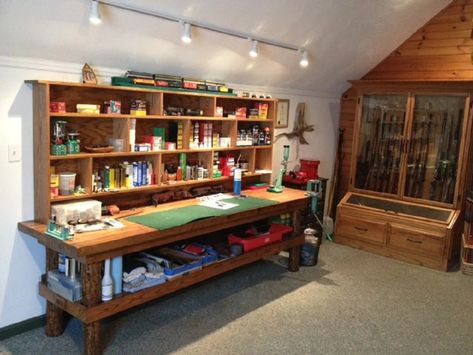 Reloading Bench Surface | Marlin Firearms Forum Reloading Room Layout, Reloading Table, Reloading Room, Beetle Kill Pine, Reloading Bench, Cave Room, Fall Wood Crafts, Man Cave Room, Quartz Kitchen