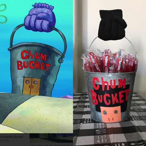 Chum bucket candy buffet Diy Chum Bucket Spongebob, Spongebob Table Decorations Centerpieces, Trunk Or Treat Ideas For Cars Spongebob, Dollar Tree Spongebob Party, Chum Bucket Food, Trunk Or Treat Spongebob Theme, Sponge Bob Gift Ideas, Spongebob Themed Wedding, Spongebob Trunk Or Treat Ideas For Cars