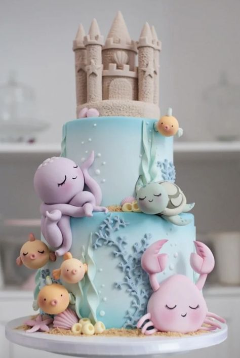 Pastel Under The Sea Cake, Under The Sea Bday Cake, 1st Birthday Under The Sea, Under The Sea 1st Birthday Cake, Under The Sea 1st Birthday Party, Under The Sea First Birthday Cake, Aquarium Birthday Cake, Under The Sea Birthday Party Ideas, Under The Sea Baby Shower Cake