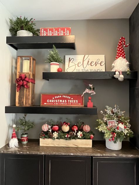 Diy Christmas Decor For Shelves, Christmas Decorations On Shelves, Christmas Bookcase Styling, High Shelf Christmas Decorating, Floating Shelf Christmas Decor Ideas, Bookshelves Decorated For Christmas, Shelves Decorated For Christmas, Corner Shelf Christmas Decor, Christmas Floating Shelves