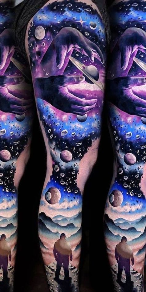 Galaxy Leg Sleeve, Watercolor Galaxy Tattoo Sleeve, Pastel Sleeve Tattoo, Galaxy Leg Tattoo, Space Leg Tattoo, Space Tattoo Color, Space Tattoo Sleeve For Women, Space Tattoo Ideas For Men, Galaxy Sleeve Tattoo