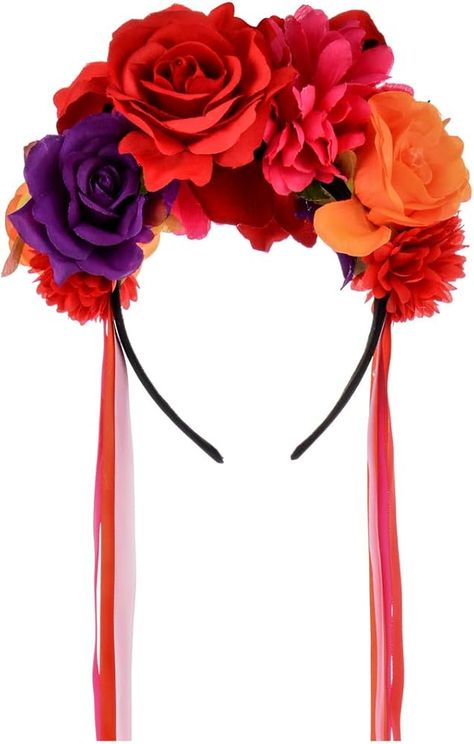 Amazon.com : Floral Fall Women Day of the Dead Flower Crown Festival Headband Rose Mexican Floral Headpiece HC-23 (Red Purple) : Beauty & Personal Care Floral Crown Veil, Day Of The Dead Headpiece, Halloween Costumes Party City, Chic Halloween Costume, Sugar Skull Costume, Festival Headpiece, Creepy Halloween Makeup, Festival Headband, Mexican Flowers