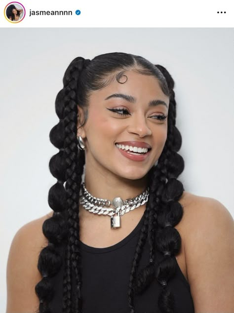 Gel Less Hairstyles, Rave Braided Hairstyles, Double Bubble Ponytail, 2 Side Ponytail Hairstyles, Braids And Bubble Braids, Bubble Braids With Braids, Cute Updo Braided Hairstyles, Pigtail Braids With Bows, Two Bubble Braids Curly Hair