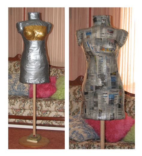 HF member said: I started with chicken wire, then duct tape, then 3 cans of great stuff and then paper mache. Easy & inexpensive way to make a body. Paper Mache Easy, Paper Mache Dress, Outdoor Couch Cushions, Duct Tape Dress, Goth Diy, Diy Paper Mache, Lego Table Diy, Craft Displays, Baby Girl Sign