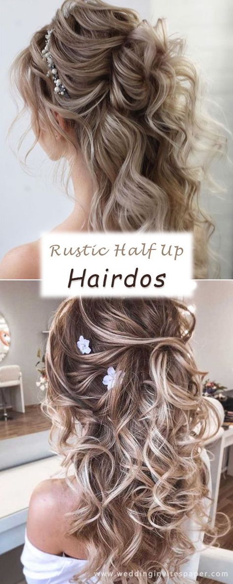 17 Enchanted Rustic Wedding Hairstyles---voluminous and curly half up half down hairdos with headpieces, spring weddings, country wedding ideas. Bridal Hair Rustic Wedding, Wedding Hairdos Half Up Half Down, Wedding Hairstyles Half Up Half Down With Veil Long Curly, Wedding Hairstyles Country, Country Style Wedding Hair, Rustic Wedding Hairstyles Half Up, Rustic Half Up Half Down Wedding Hair, Rustic Hairstyles Wedding, Wedding Hairstyles For Long Hair With Veil Romantic