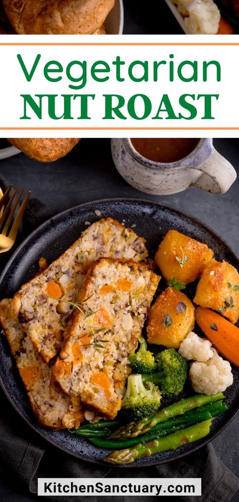 Vegetarian Nut Roast is a super-flavourful meat-free alternative for your roast dinner. This nut roast can be sliced and served with all of your favourite vegetables and a lovely drizzle of gravy. It's easy to make ahead and it freezes well too, so you can easily grab a couple of slices at a time. Vegetarian Nut Roasts, Vegetarian Roast Dinner Alternative, Nut Roast Recipe Vegetarian, Vegetarian Roast Dinner, Nut Roast Recipe, Vegetarian Nut Roast, Roasted Nuts Recipe, Vegetarian Christmas Recipes, Nut Roast