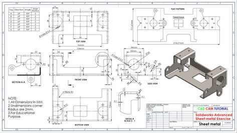 Advanced Sheet metal Exercise in SolidWorks Sheet Metal Bending Design, Solidworks Sheet Metal Drawings, Sheet Metal Design, Sheet Metal Drawing, Gear Drawing, Metal Sheet Design, Solidworks Tutorial, Metal Drawing, Solid Works