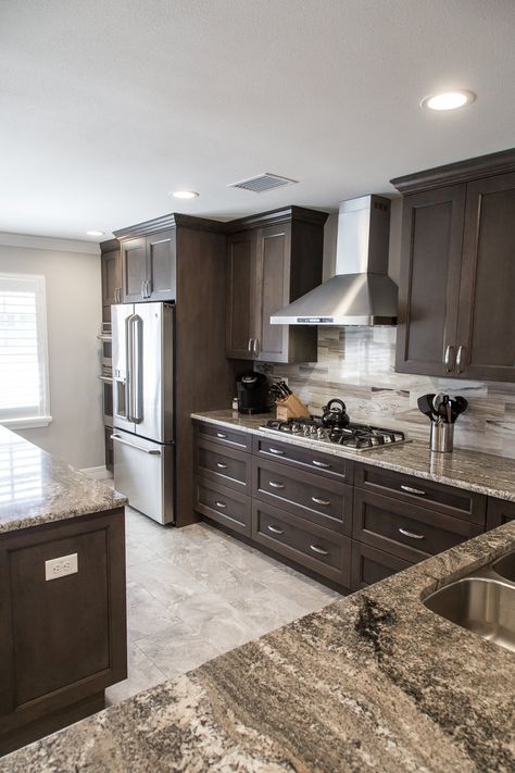 St. Pete Kitchen Gallery — Elements Design Co. Dark Brown Kitchen Cabinets, Kitchen Cabinets And Flooring, Dark Brown Kitchen, Brown Kitchen Designs, Espresso Kitchen Cabinets, Dark Brown Cabinets, Light Floors, Brown Kitchen Cabinets, Dark Wood Kitchens