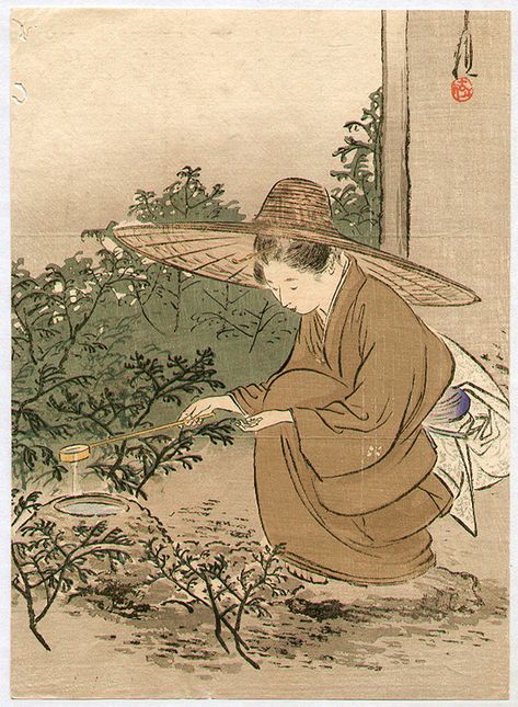 Gekko Ogata 1859-1920 - Bijin Preparing Tea Ceremony - artelino Art Chinois, Art Appliqué, Japanese Artwork, Japanese Tea Ceremony, Japon Illustration, Art Japonais, Japanese Woodblock Printing, Japanese Painting, Sumi E