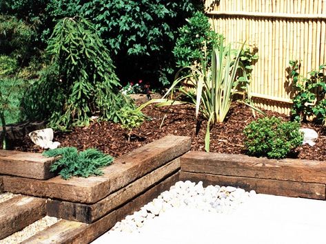 railway sleepers used to create beds Railway Sleepers Garden, Sleeper Wall, Sleepers In Garden, Garden Stream, Patio Edging, Townhouse Garden, Railway Sleepers, Border Ideas, Back Garden Design