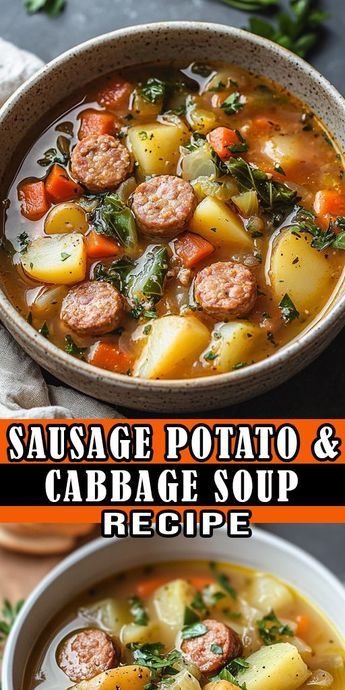 🍲 Sausage, Potato & Cabbage Soup – a hearty, flavorful, and comforting dish perfect for cozy nights! This one-pot recipe is loaded with savory sausage, tender potatoes, and fresh cabbage, making it the ideal soup for family dinners or meal prep. Try it today and enjoy the perfect blend of hearty ingredients in every bite! 👩‍🍳 📌 Save this Pin for later! #SausagePotatoSoup #CabbageSoupRecipe #ComfortFood #HeartySoup Potato Sausage Cabbage Soup, Soups With Cabbage And Sausage, Kielbasa Cabbage And Potatoes Soup, Cabbage Sausage And Potato Soup, Smoked Sausage Cabbage Soup, Cabbage Sausage Potatoes Soup, Kielbasa Cabbage Potato Soup, Crockpot Cabbage Sausage And Potatoes, Cabbage Soup With Kielbasa