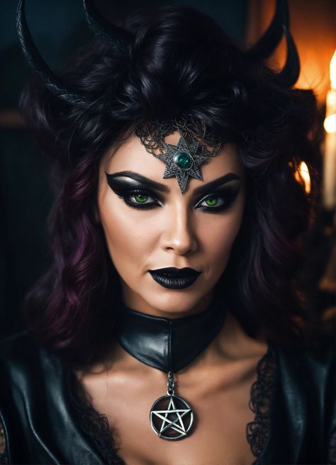 Beautiful extremely evil wicked satanic goth black witch mesmerizing you wearing black leather Queen Of Halloween Makeup, Nyx Goddess Makeup Looks, Evil Queen Makeup Halloween, Snow White Witch Makeup, Witch Costumes For Women Make Up, Devil Make Up, Dark Queen Makeup, Gothic Witch Makeup, Evil Fairy Makeup