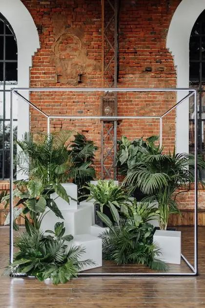 Installation + Sculptural — Are.na Indoor Jungle Wedding, Green Backdrop Ideas, Floral Stage Design, Tropical Backdrop Ideas, Tropical Green Wedding, Green Wedding Backdrop, Tropical Table Setting, Tropic Wedding, Green Wedding Ceremony