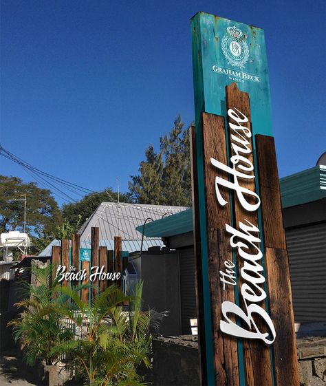 Modern Monument Sign, Restaurant Signboard, Beach Signage, Beach House Restaurant, Restaurant Signage, Entrance Signage, Wood Signage, Pylon Sign, Architectural Signage