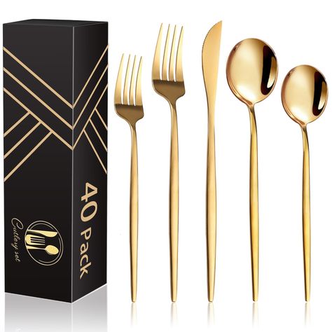 PRICES MAY VARY. Lightweight and Elegant Cutlery Set for 8 - The golden utensils set includes 8 salad forks, 8 tea spoons, 8 dinner forks, 8 dinner spoons and 8 dinner knives. Eergonomic Design - Compared to other similar items, we have designed our dessert fork and tea spoon with a larger size to better align with ergonomics and practical use. When we use the dessert fork or teaspoon, we will feel that its size is just so right. Premium Materials and Craftsmanship - Stainless steel material giv Golden Cutlery, Gold Utensils, Gold Silverware, Gold Cutlery Set, Gold Cutlery, Stainless Steel Utensils, Gold Flatware, Tea Spoons, Utensils Set