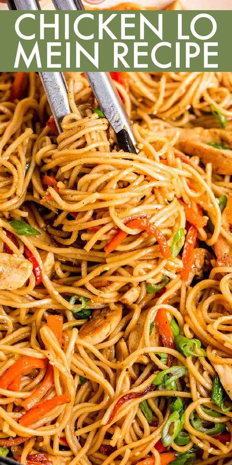 Quick and easy homemade Chicken Lo Mein recipe! Soft egg noodles tossed with chicken and vegetables in flavor-packed soy sauce, ready in just 30 minutes! Chicken Low Main Recipes, Tainan Noodles Recipe, Blackstone Chicken Lo Mein, Chicken Low Main, Chicken With Noodles Recipes Easy, Egg Noodle Chicken Recipes, Cantonese Egg Noodle Recipes, Lo Mein Noodles Easy, Chicken Lo Mein Recipe Easy