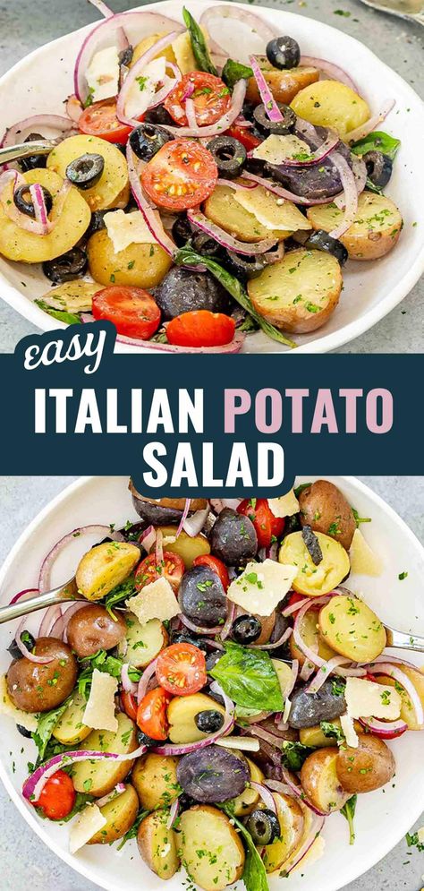 This Italian Potato Salad is a must-try! Packed with tender baby potatoes, juicy cherry tomatoes, and fresh herbs, it’s the perfect summer dish. #ItalianRecipe #PotatoSalad #SummerSalad #FreshHerbs #EasyRecipes Italian Potatoes Salad, Potato Salad With Tomatoes, Cold Dish Recipes, Summer Clean Eating, Different Types Of Salads, Italian Potato Salad Recipe, Quick Potato Salad, Italian Potato Salad, Healthy Potato Salad