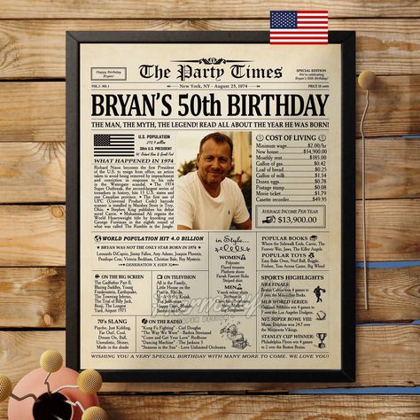 50th Birthday Gift for Men or Women, 50th Party Decoration,Personalized Newspaper Birthday Poster Gift for Women 1974 Birthday, Back in 1974 #50thBirthdayBanner #50thBirthdayPoster #BirthdayPartyDecor #50thBirthdayDecor #GiftForWomen #GiftForMen #50thBirthdayGift #GiftForDad #50thBirthdayMen #50thBirthdayParty Personalized Newspaper, Back In 1974, 50th Birthday Party Ideas For Men, 50th Birthday Banner, 1974 Birthday, Surprise 50th Birthday Party, 50th Birthday Men, 50th Birthday Gifts For Men, Newspaper Poster