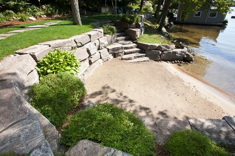 Cottage Waterfront Landscaping, Lakeside Beach Landscaping, Steep Lakefront Landscaping, Riverbank Landscape Design, Lakeside Landscaping Ideas, Lake Shoreline Ideas, Lake Beach Landscaping, Lake Shore Landscaping Ideas, Lake Front Landscaping