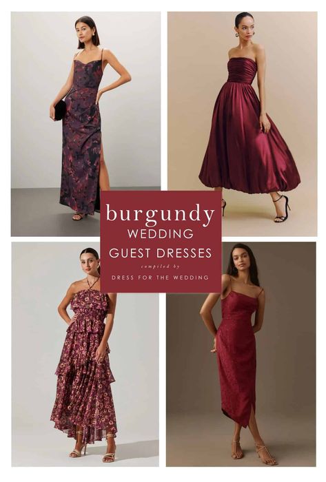 collage featuring 4 images or burgundy dresses on models: one long gown, one strapless satin midi, one halterneck floral maxi dress, red slip midi. Burgundy Dress Accessories Wedding Guest, Jewelry For Wine Colored Dress, Burgundy Dress With Silver Jewelry, Burgundy Cocktail Dress Classy, Burgundy Lace Dress Outfit, Burgundy Wedding Dress Guest, Fall Semi Formal Dresses Wedding Guest, Semi Formal Fall Wedding Guest Dress, Accessories For Burgundy Dress