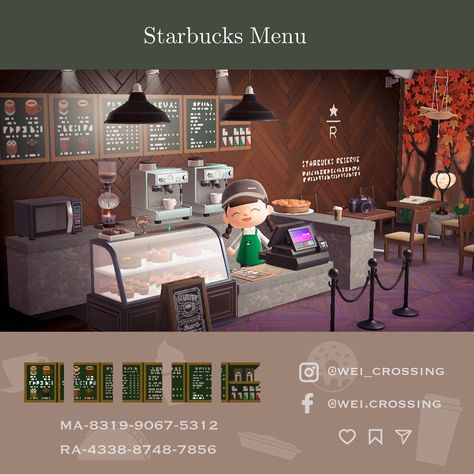 Starbucks Menu design code Acnh Starbucks Design, Acnh Starbucks Design Codes, Starbucks Customer Connection Ideas, Acnh Starbucks Codes, Starbucks Menu Design, Starbucks Acnh, Animal Crossing Starbucks, Acnh Coffee Shop, Starbucks Code