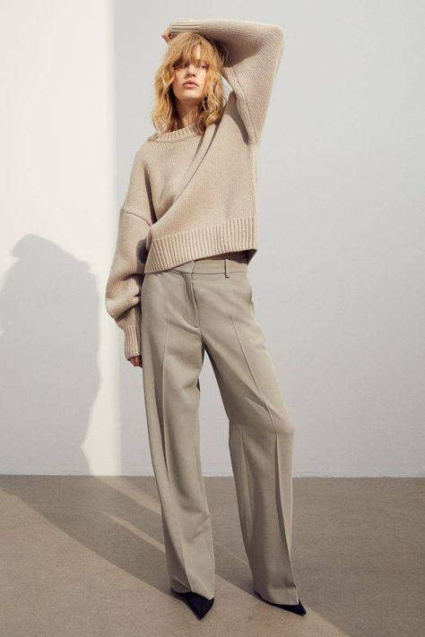 The 5 Best H&M Wide-Leg Trousers | Who What Wear UK Taupe Pants, Petite Height, H&m Fashion, Cashmere Outfits, Leather Boots Heels, Wide Trousers, Ribbed Knit Dress, High Fashion Street Style, Tailored Trousers