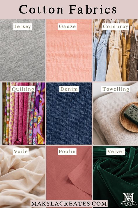 Types of Fabrics and Materials with Names and Pictures - Makyla Creates Different Clothing Fabrics, Clothes Fabrics Guide, Different Types Of Cloth Materials, Skirt Fabric Types, Types Of Fabric Material For Clothes, Type Of Fabric Material, Different Cloth Material Names, Cloth Types Names, Types Of Clothing Material