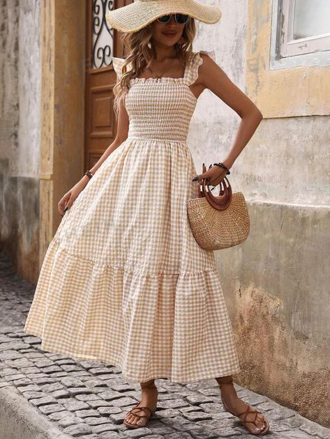 Sleeveless Skirt, Tiered Midi Dress, Khaki Dress, Vacation Dresses, Plaid Shorts, Plaid Dress, Womens Plaid, Dress P, Summer Style