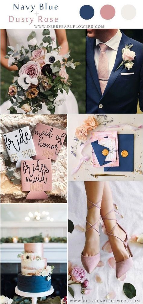 Blue And Dusty Rose Wedding, Dusty Rose Wedding Colors, Vintage Wedding Colors, Navy Wedding Flowers, Wedding Color Ideas, Wedding Themes Summer, Pearl Flowers, Bridesmaid Colors, Dusty Rose Wedding