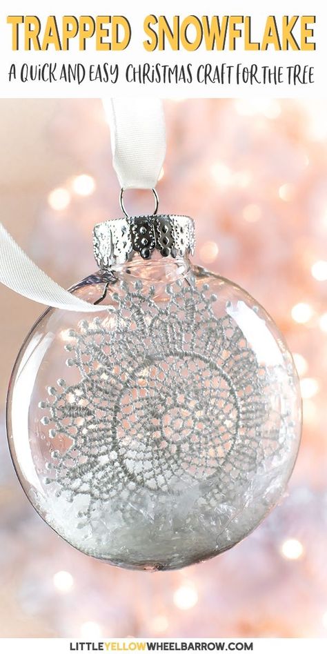 Here is a simple clear ornament idea that takes no time at all to put together. A perfect Christmas craft to make with the kids. These pretty snowflake ornaments add a touch of vintage charm to any Christmas tree. #holidaycrafts #christmascrafts #clearornamentideas #easycraftideas #diycrafts #filledornaments #craftsforkids #snowflakes #wintercrafts via @littleyellowwheelbarrow Clear Plastic Ornaments, Clear Christmas Ornaments, Bulb Ornaments, Christmas Snowflakes Decorations, Easy Christmas Craft, Craft To Make, Diy Christmas Tree Ornaments, Christmas Crafts To Make, Christmas Projects Diy