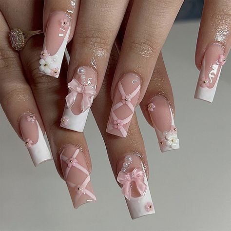 24Pcs Cute Pink French Fake Nails with Glue Long Ballet False Nail Bow Pearl Design Press on Nails French Tips With Charms, Cute Baddie Nails, Long Baddie Nails, Pink Nails Coffin, 13 Nails, Nail Bow, Bow Tie Nails, Horse Nails, Nails Bow