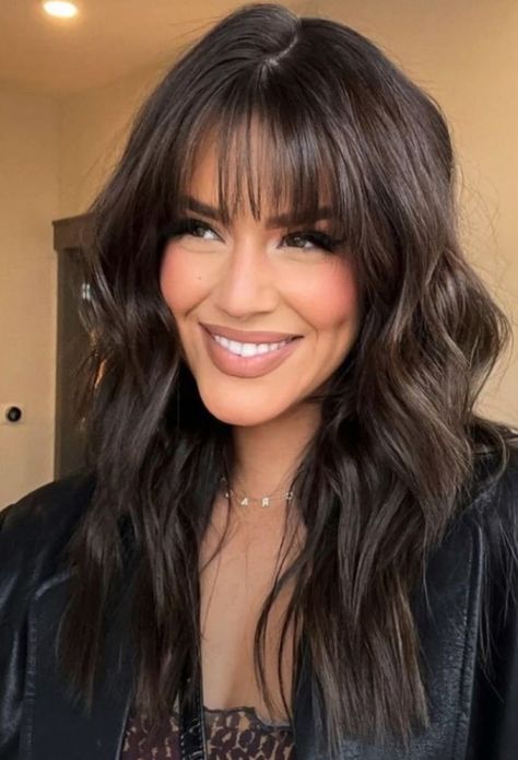 Bangs With Long Dark Hair, Bangstyle Hair Long Dark Brown, Long Hair Heavy Bangs, Dark Brown Balayage With Bangs, Dark Hair Balayage With Bangs, Long Chocolate Brown Hair With Bangs, Working Out With Bangs, Mid Length Hair And Bangs, Dark Chocolate Brown Hair With Bangs