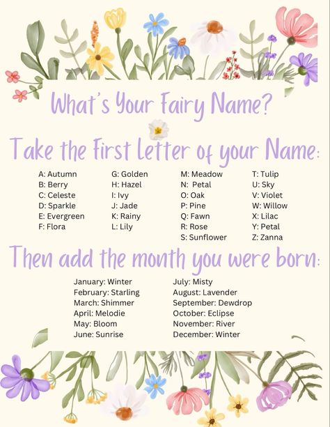 What Is Your Fairy Name, What’s Your Fairy Name, Fairy Party Games Activities, Fairy Garden 5th Birthday Party, Fairy Games For Party, Fairy 6th Birthday Party, Fairy First Birthday Party Decoration Diy, Fairy First Birthday Party Ideas, Fairy First Birthday Party Decoration