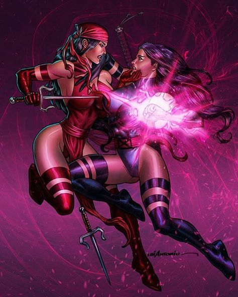 This is an awesome battle in the making; Psylocke vs Elektra! Who wins guys?? 👊 ⚔⚔⚔⚔⚔⚔⚔ Art by Lui Antonio! 👍 Ryan Stegman, Marvel Elektra, Miss Hulk, Marvel Characters Art, Marvel Comic Universe, Uncanny X-men, Marvel Comics Art, Marvel Girls, Marvel Women