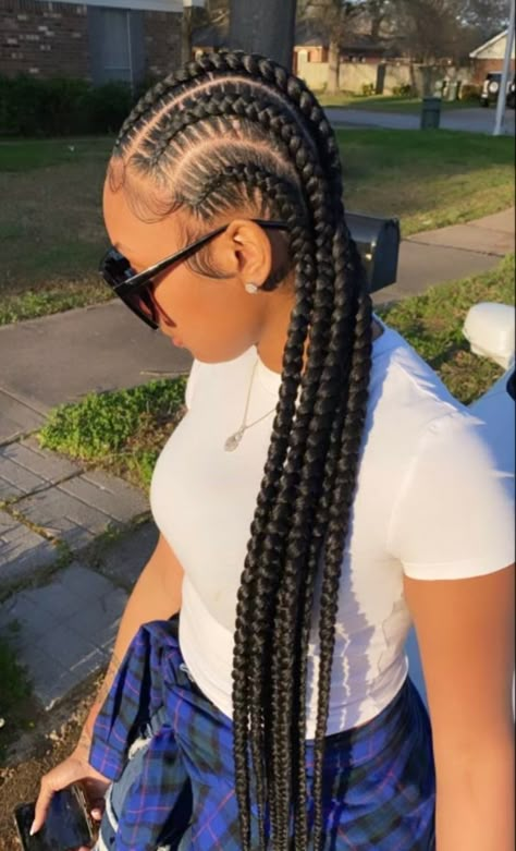 Cornrow Hairstyles For Black Women Long, Big Cornrow Hairstyles For Black Women, Jumbo Cornrows Braids For Black Women, Large Cornrows Braids, Cornrow Braid Styles Black Women, Large Cornrows Braids Black Women, Simple Braid Ideas, 6 Braids, Long Braided Hairstyles