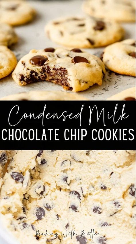 These chewy condensed milk chocolate chip cookies are deliciously chewy. Super quick to make and full of melted, gooey chocolate chips. This recipe makes chewy cookies without the need for eggs. The condensed milk works as both an egg replacer in the cookie and brings fat and moisture to the dough which lends itself to a nice chewy cookie. Cookie Recipes Condensed Milk, Recipes Using Condensed Milk, Condensed Milk Cookies, Milk Chocolate Chip Cookies, Sweet Condensed Milk, Condensed Milk Recipes, Shortbread Cookie, Delicious Cookie Recipes, Chocolate Chip Recipes