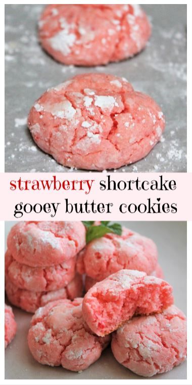 Tender, but chewy easy-to-make Strawberry Shortcake cookies.  A take on the Paula Deen cake-mix cookies. MyRecipeReviews.com  #PaulaDeen #strawberry #cookies Shortcake Cookies, Strawberry Cake Mix Cookies, Mousse Au Chocolat Torte, Strawberry Shortcake Cookies, Shortcake Biscuits, Gooey Butter Cookies, Strawberry Shortcakes, Gooey Butter, Strawberry Shortcake Party